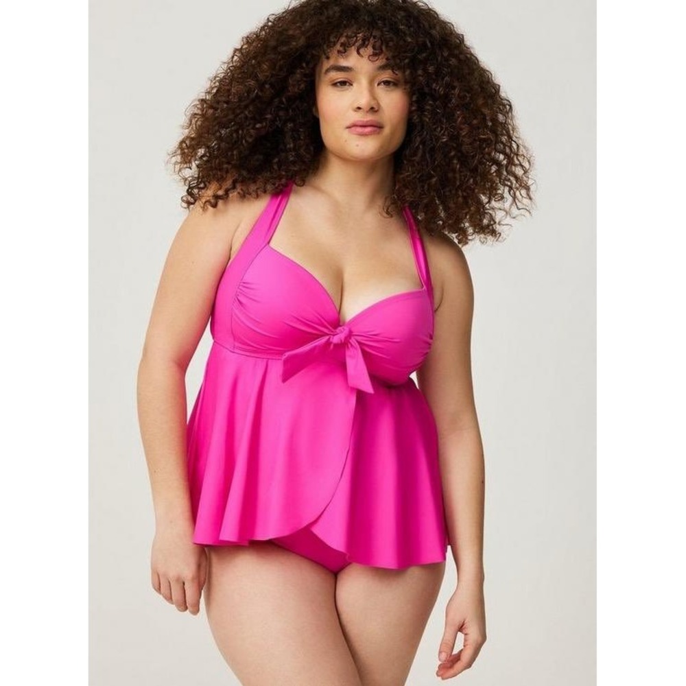 Torrid Wireless Babydoll Tie-Front Tankini Top Flounce Size 0 D/DD Pink Women's